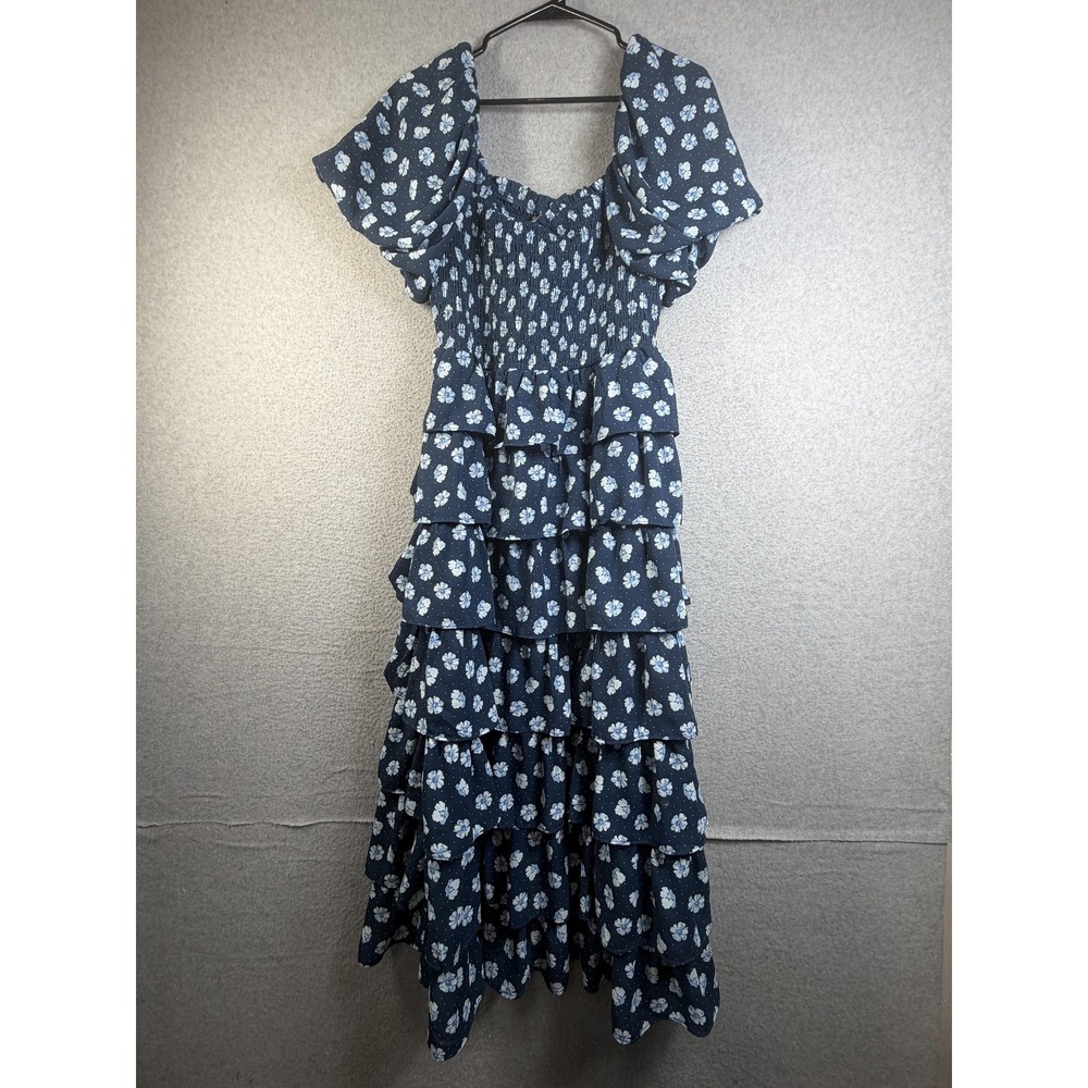 Crystal Doll Dress Womens Large Blue Floral Smocked Ruffle Tier Maxi Sundress